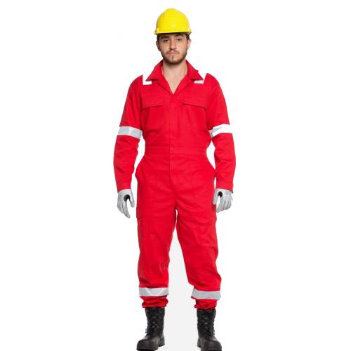Red Inherent FR Coverall V Neck Notched Collar Modacrylic Blend Fabric Manufacturers, Suppliers, Exporters in Delhi